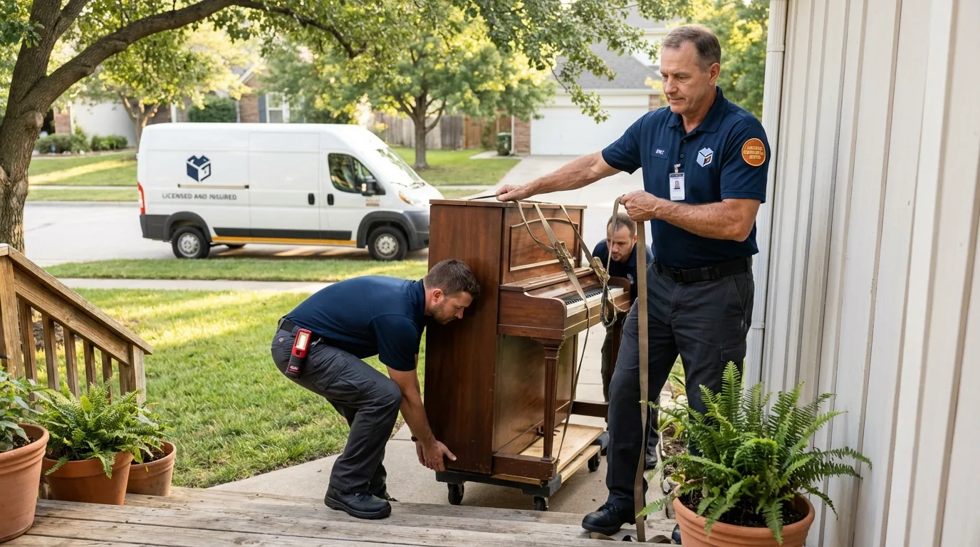 Licensed piano movers securing grand piano in Hope Valley, RI