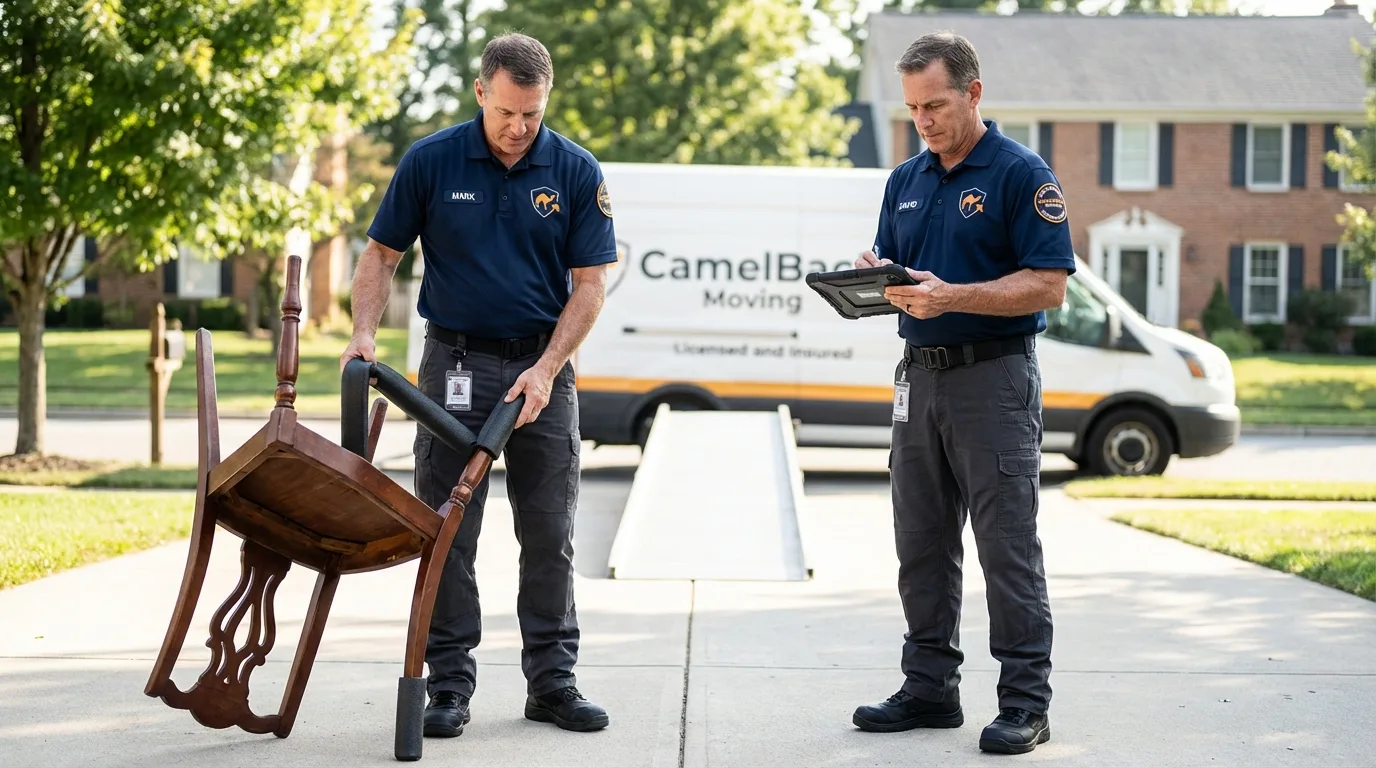 Movers inspecting furniture for damage prevention before loading in Hope Valley, RI