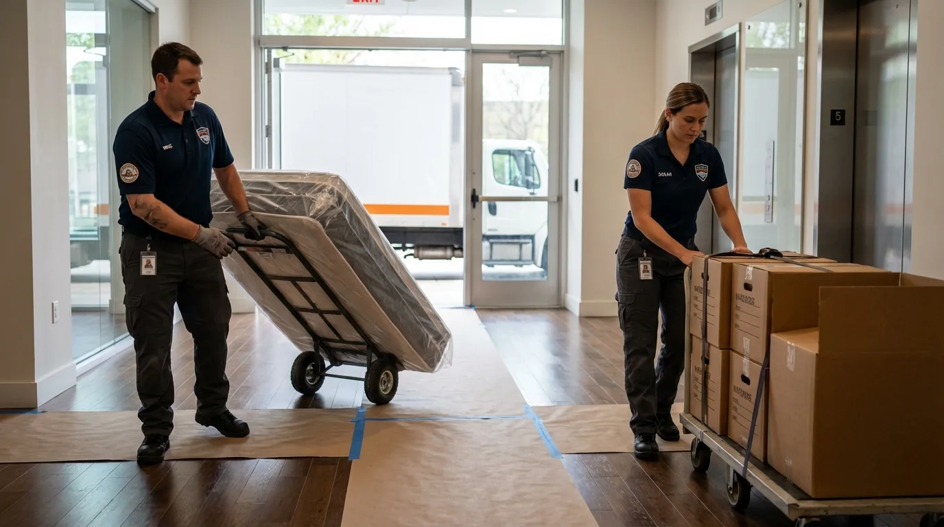 Professional apartment movers loading elevator in Hope Valley, RI